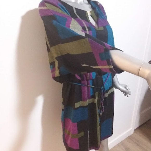 Medium Shift Dress Multicolor Color Block Batwing Sleeves Round Neck - Picture 5 of 7